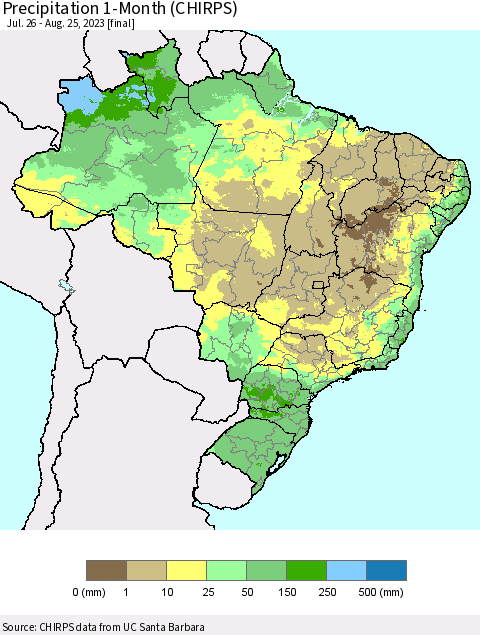 Brazil Precipitation 1-Month (CHIRPS) Thematic Map For 7/26/2023 - 8/25/2023