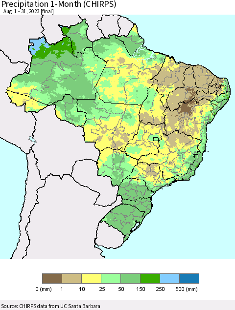 Brazil Precipitation 1-Month (CHIRPS) Thematic Map For 8/1/2023 - 8/31/2023