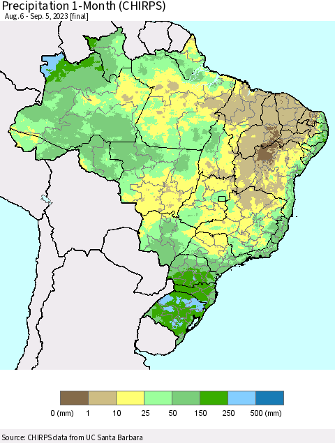 Brazil Precipitation 1-Month (CHIRPS) Thematic Map For 8/6/2023 - 9/5/2023