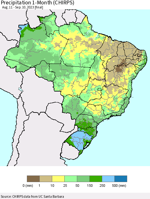 Brazil Precipitation 1-Month (CHIRPS) Thematic Map For 8/11/2023 - 9/10/2023