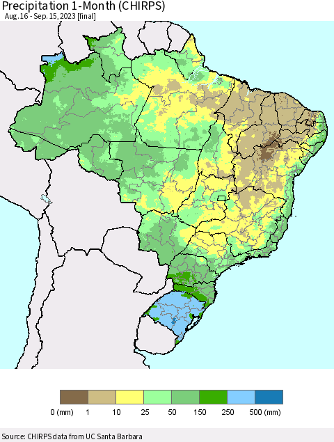 Brazil Precipitation 1-Month (CHIRPS) Thematic Map For 8/16/2023 - 9/15/2023