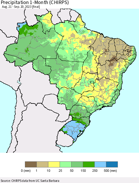 Brazil Precipitation 1-Month (CHIRPS) Thematic Map For 8/21/2023 - 9/20/2023