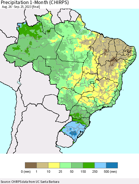 Brazil Precipitation 1-Month (CHIRPS) Thematic Map For 8/26/2023 - 9/25/2023