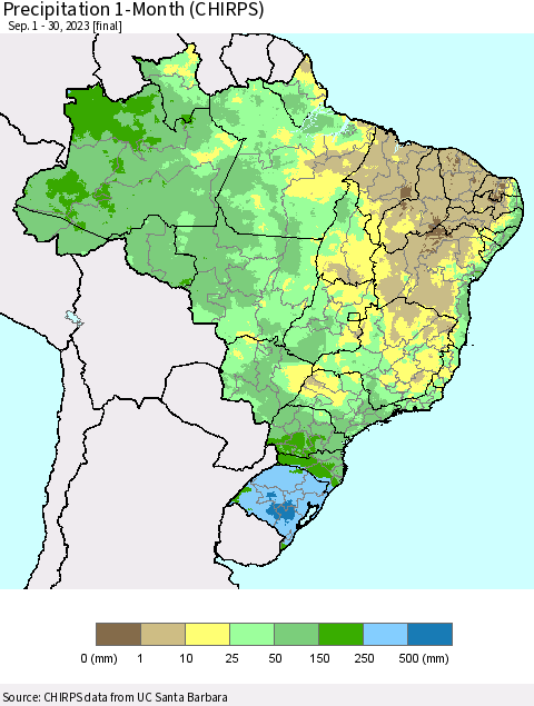 Brazil Precipitation 1-Month (CHIRPS) Thematic Map For 9/1/2023 - 9/30/2023
