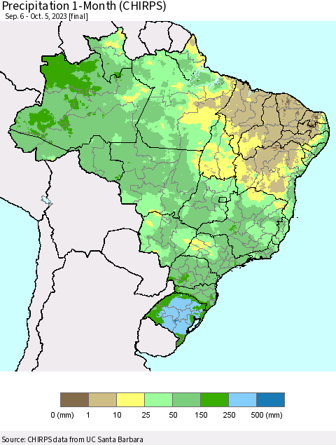 Brazil Precipitation 1-Month (CHIRPS) Thematic Map For 9/6/2023 - 10/5/2023