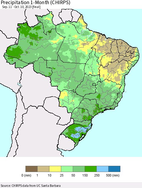 Brazil Precipitation 1-Month (CHIRPS) Thematic Map For 9/11/2023 - 10/10/2023