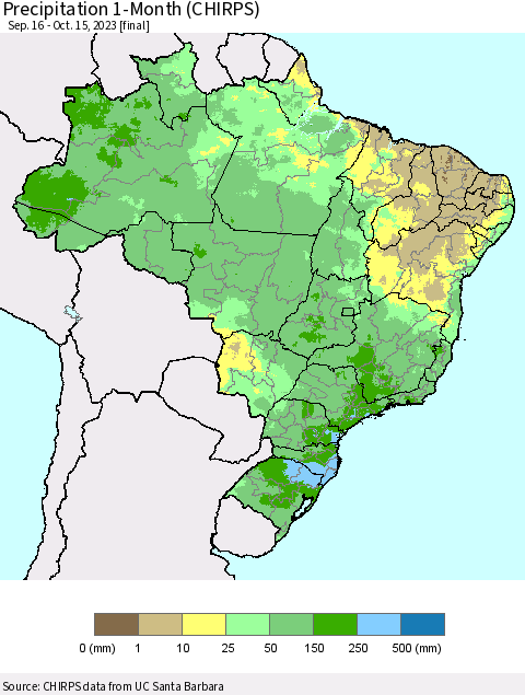 Brazil Precipitation 1-Month (CHIRPS) Thematic Map For 9/16/2023 - 10/15/2023