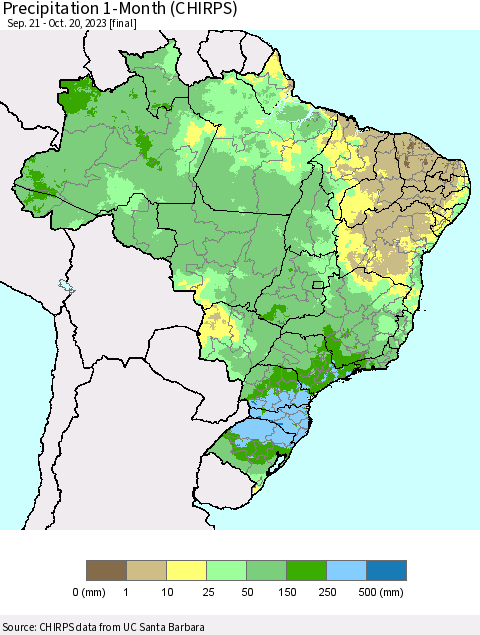 Brazil Precipitation 1-Month (CHIRPS) Thematic Map For 9/21/2023 - 10/20/2023