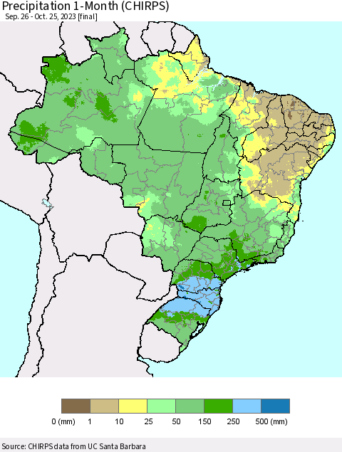 Brazil Precipitation 1-Month (CHIRPS) Thematic Map For 9/26/2023 - 10/25/2023