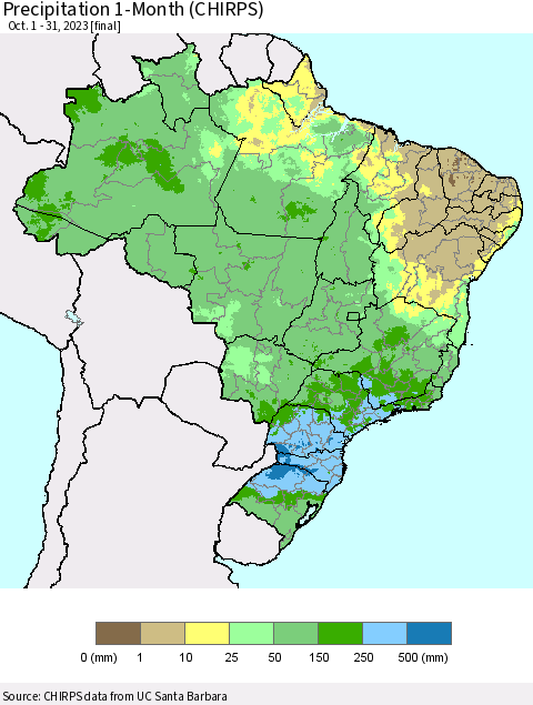 Brazil Precipitation 1-Month (CHIRPS) Thematic Map For 10/1/2023 - 10/31/2023