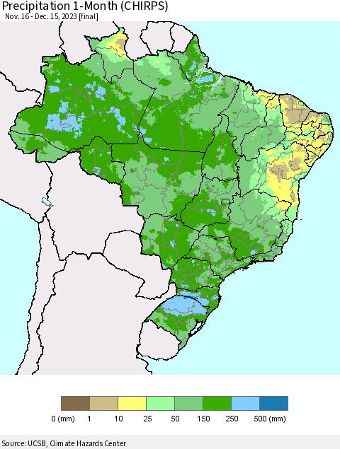 Brazil Precipitation 1-Month (CHIRPS) Thematic Map For 11/16/2023 - 12/15/2023