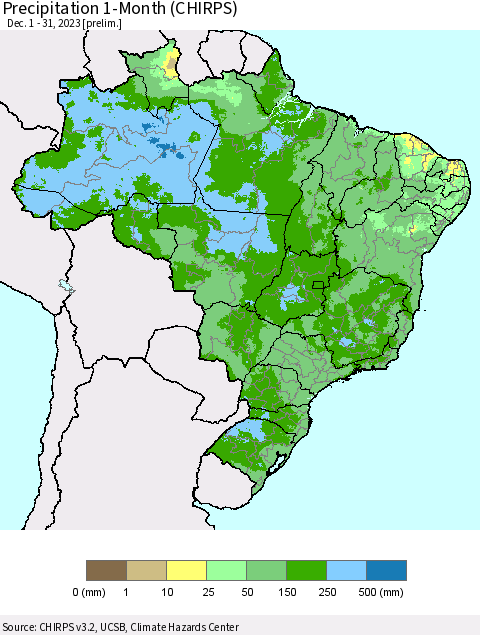 Brazil Precipitation 1-Month (CHIRPS) Thematic Map For 12/1/2023 - 12/31/2023