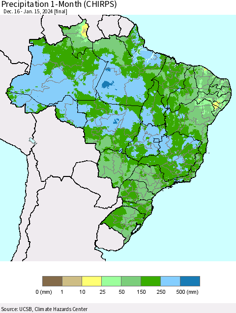 Brazil Precipitation 1-Month (CHIRPS) Thematic Map For 12/16/2023 - 1/15/2024