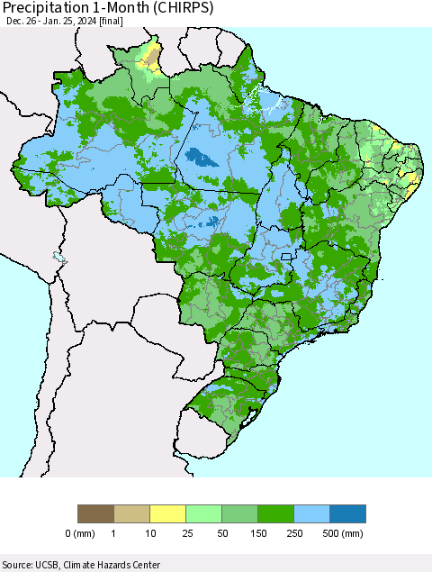 Brazil Precipitation 1-Month (CHIRPS) Thematic Map For 12/26/2023 - 1/25/2024