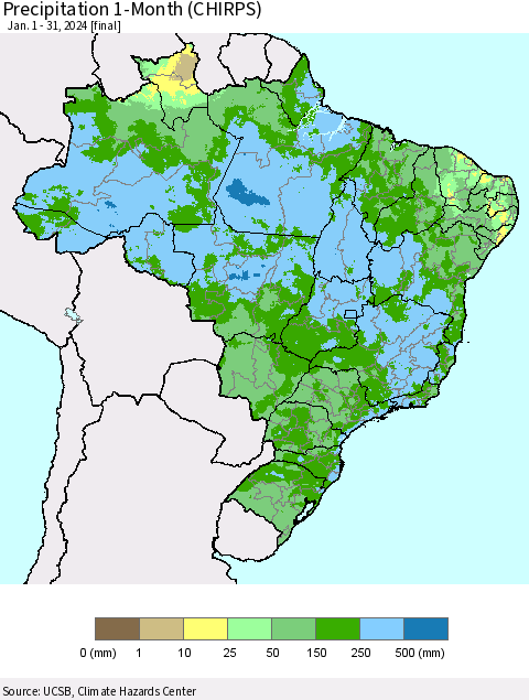 Brazil Precipitation 1-Month (CHIRPS) Thematic Map For 1/1/2024 - 1/31/2024
