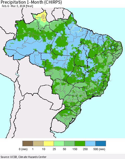 Brazil Precipitation 1-Month (CHIRPS) Thematic Map For 2/6/2024 - 3/5/2024