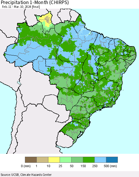 Brazil Precipitation 1-Month (CHIRPS) Thematic Map For 2/11/2024 - 3/10/2024
