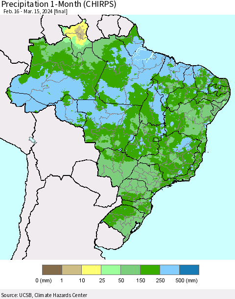 Brazil Precipitation 1-Month (CHIRPS) Thematic Map For 2/16/2024 - 3/15/2024