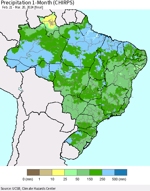 Brazil Precipitation 1-Month (CHIRPS) Thematic Map For 2/21/2024 - 3/20/2024