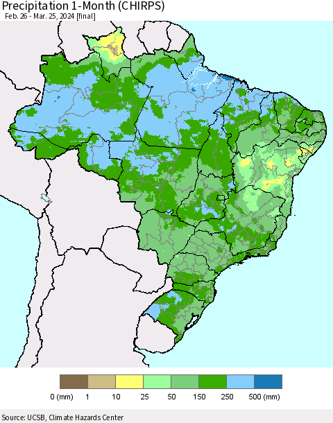 Brazil Precipitation 1-Month (CHIRPS) Thematic Map For 2/26/2024 - 3/25/2024