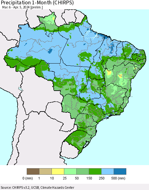 Brazil Precipitation 1-Month (CHIRPS) Thematic Map For 3/6/2024 - 4/5/2024