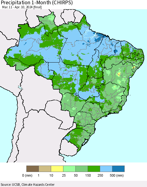 Brazil Precipitation 1-Month (CHIRPS) Thematic Map For 3/11/2024 - 4/10/2024