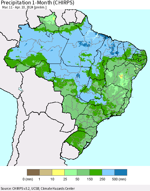 Brazil Precipitation 1-Month (CHIRPS) Thematic Map For 3/11/2024 - 4/10/2024