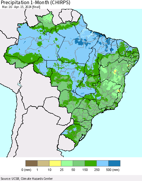 Brazil Precipitation 1-Month (CHIRPS) Thematic Map For 3/16/2024 - 4/15/2024