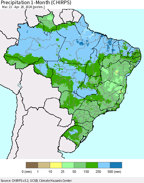 Brazil Precipitation 1-Month (CHIRPS) Thematic Map For 3/21/2024 - 4/20/2024