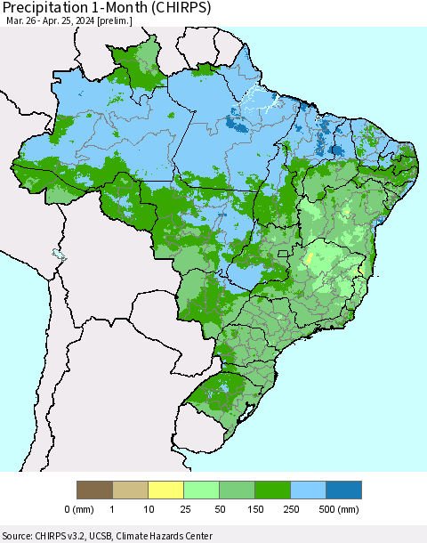 Brazil Precipitation 1-Month (CHIRPS) Thematic Map For 3/26/2024 - 4/25/2024