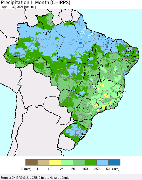 Brazil Precipitation 1-Month (CHIRPS) Thematic Map For 4/1/2024 - 4/30/2024