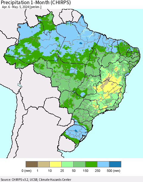 Brazil Precipitation 1-Month (CHIRPS) Thematic Map For 4/6/2024 - 5/5/2024
