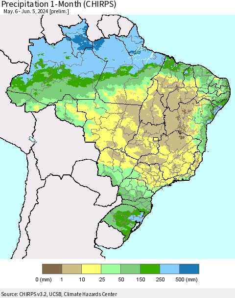 Brazil Precipitation 1-Month (CHIRPS) Thematic Map For 5/6/2024 - 6/5/2024