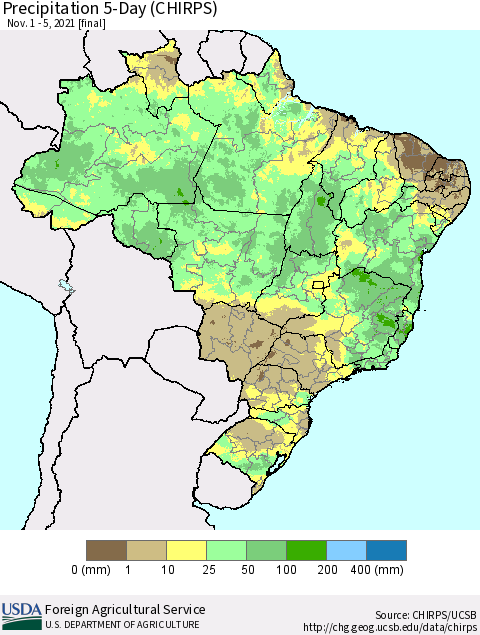 Brazil Precipitation 5-Day (CHIRPS) Thematic Map For 11/1/2021 - 11/5/2021