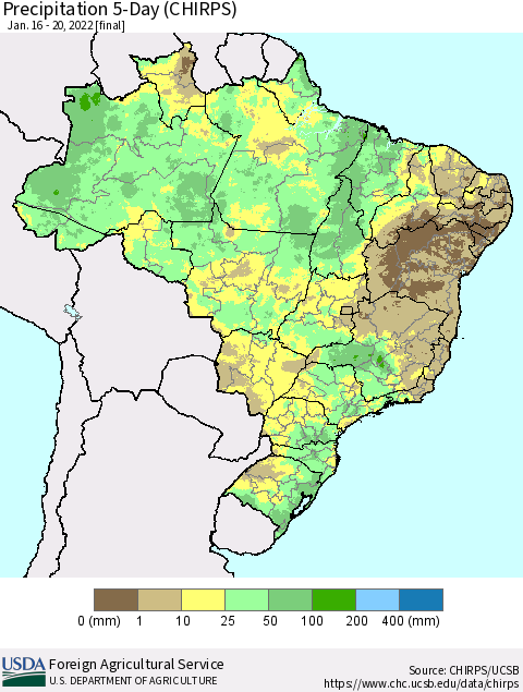 Brazil Precipitation 5-Day (CHIRPS) Thematic Map For 1/16/2022 - 1/20/2022