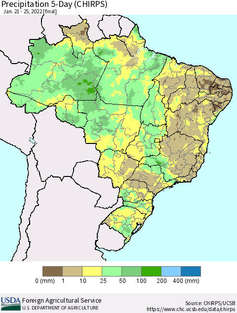 Brazil Precipitation 5-Day (CHIRPS) Thematic Map For 1/21/2022 - 1/25/2022