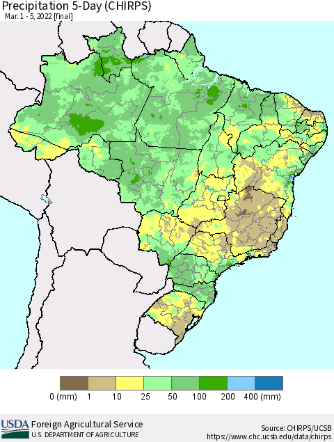 Brazil Precipitation 5-Day (CHIRPS) Thematic Map For 3/1/2022 - 3/5/2022