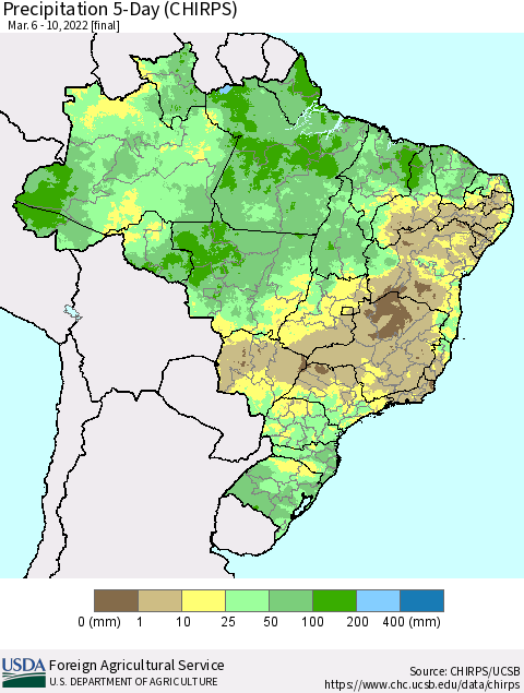 Brazil Precipitation 5-Day (CHIRPS) Thematic Map For 3/6/2022 - 3/10/2022