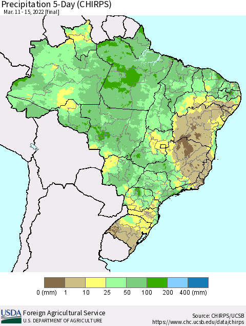 Brazil Precipitation 5-Day (CHIRPS) Thematic Map For 3/11/2022 - 3/15/2022