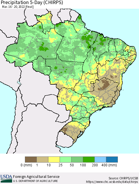 Brazil Precipitation 5-Day (CHIRPS) Thematic Map For 3/16/2022 - 3/20/2022