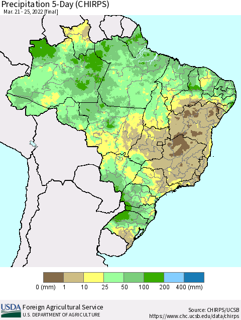 Brazil Precipitation 5-Day (CHIRPS) Thematic Map For 3/21/2022 - 3/25/2022