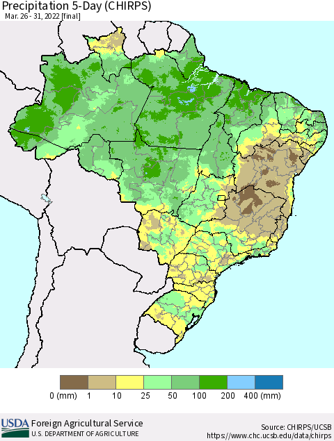 Brazil Precipitation 5-Day (CHIRPS) Thematic Map For 3/26/2022 - 3/31/2022