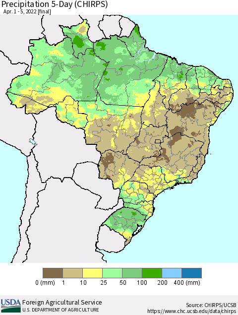 Brazil Precipitation 5-Day (CHIRPS) Thematic Map For 4/1/2022 - 4/5/2022