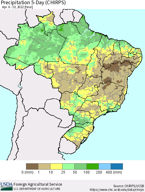 Brazil Precipitation 5-Day (CHIRPS) Thematic Map For 4/6/2022 - 4/10/2022