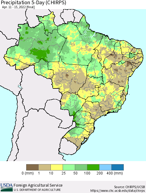 Brazil Precipitation 5-Day (CHIRPS) Thematic Map For 4/11/2022 - 4/15/2022