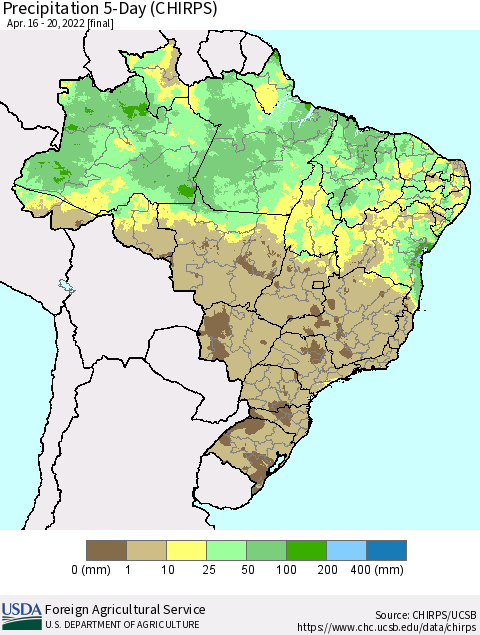 Brazil Precipitation 5-Day (CHIRPS) Thematic Map For 4/16/2022 - 4/20/2022