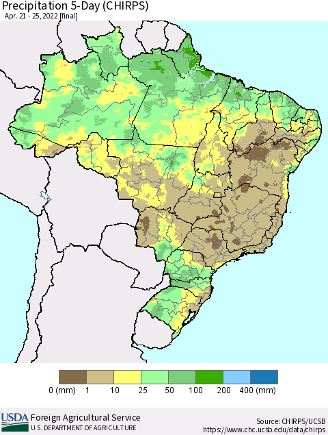 Brazil Precipitation 5-Day (CHIRPS) Thematic Map For 4/21/2022 - 4/25/2022