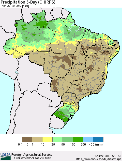 Brazil Precipitation 5-Day (CHIRPS) Thematic Map For 4/26/2022 - 4/30/2022