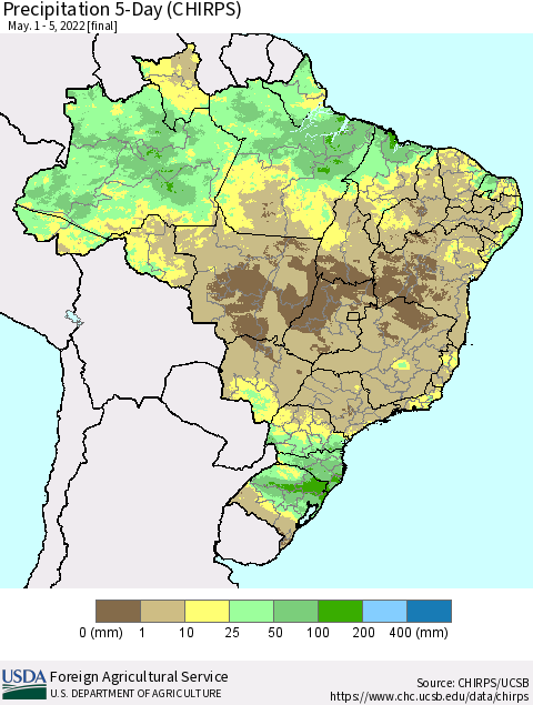 Brazil Precipitation 5-Day (CHIRPS) Thematic Map For 5/1/2022 - 5/5/2022