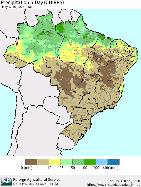 Brazil Precipitation 5-Day (CHIRPS) Thematic Map For 5/6/2022 - 5/10/2022